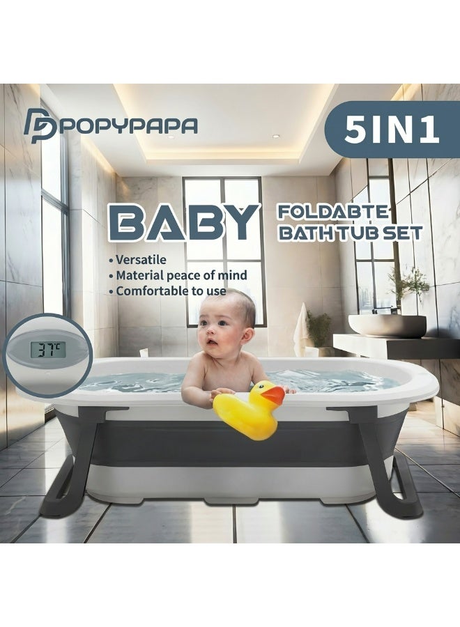 POPYPAPA 5-in-1 Foldable Baby Bathtub Set with Digital Temperature Sensor & Bath Cushion – Portable, Non-Slip, and Space-Saving Bathing Kit for Newborns and Toddlers - Image 5
